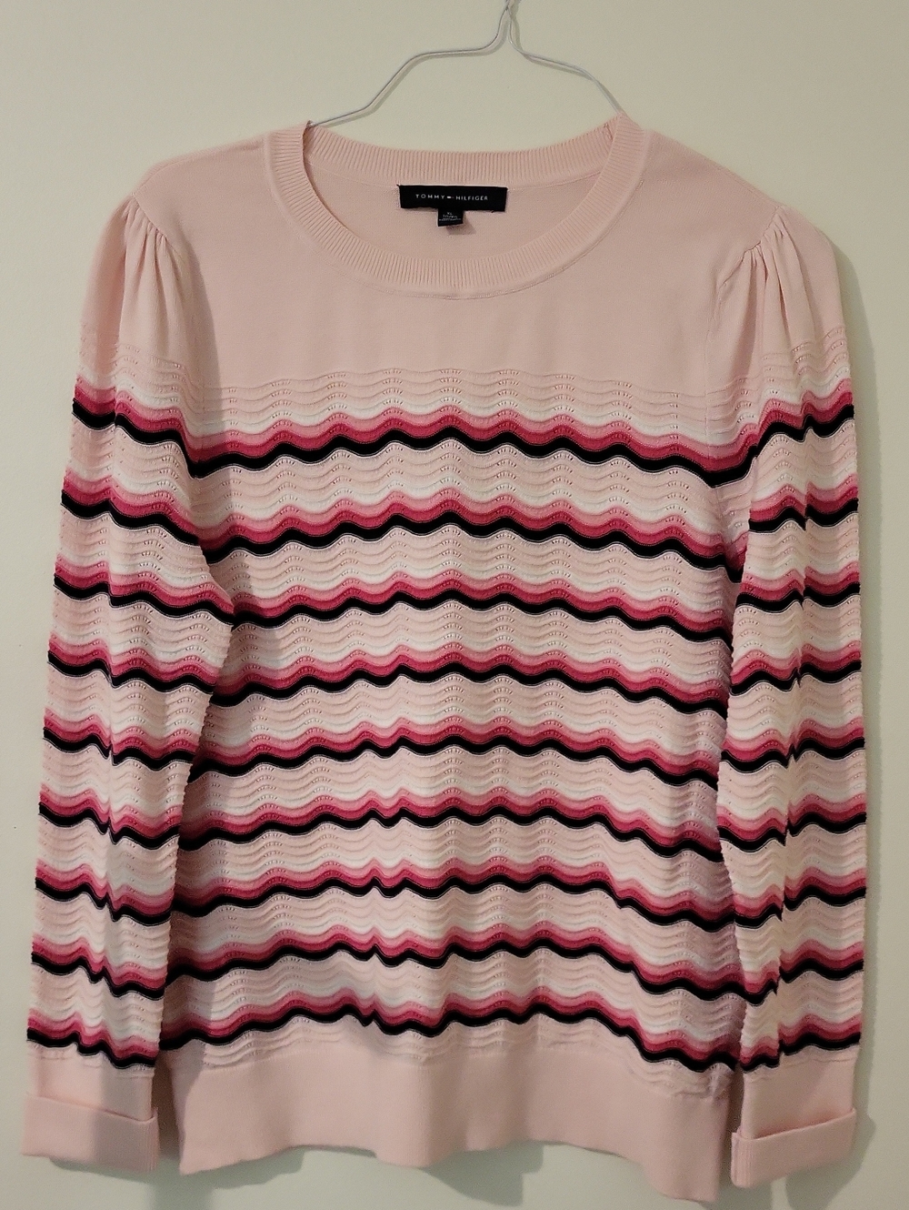 Tommy Hilfiger Pink Cotton Wavy Striped Pullover Scalloped Sweater